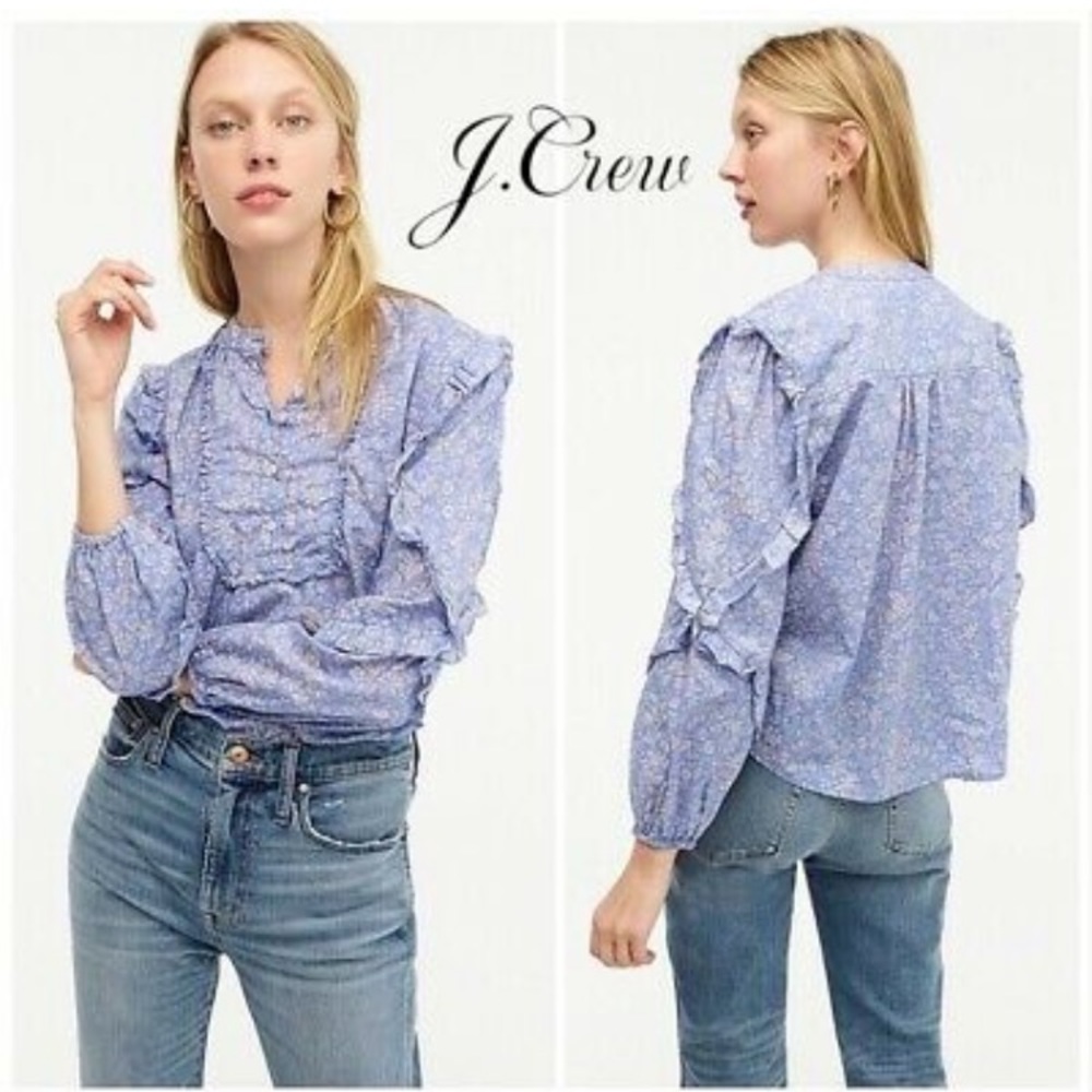 J Crew Point Sur ruffle sleeve popover shirt S